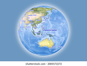 General Santos-Philippines is shown on vector globe map. The map shows General Santos-Philippines 's location in the world.