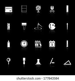 General stationary icons with reflect on black background, stock vector
