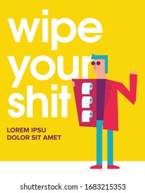 General Store Supplies Availability concept Poster. General store and Supermarket artwork. Vector illustration of a guy with toilet rolls.