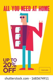 General Store Supplies Availability concept Poster. General store and Supermarket artwork. Vector illustration of a guy with toilet rolls.