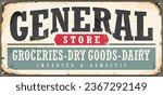 General store vintage sign board with retro typography on old scratched metal background. Vector texture illustration shop sign template.