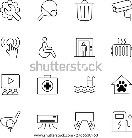 General user interface outline icon set, security camera, wheelchair, elevator, first aid, EV charger, wrench, trash can, swimming pool