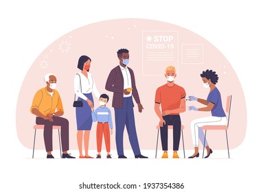 General vaccination against coronavirus. Vector illustration of a young man being vaccinated by a black doctor and people of different ages and nationalities waiting in line. Isolated on background 