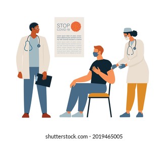 General vaccination against coronavirus. Vector illustration of a young man being vaccinated by a doctor and people of different ages waiting in line. Isolated on background