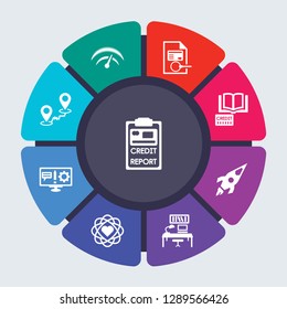 general vector template for infographics. Business concept with 9 options, steps, parts, segments. Banner infographic cycling diagram, round chart, cit report, rating, limit icons