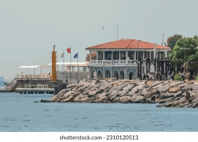 General view from Moda pier in istanbul.One of the symbols of Kadikoy, the historical Moda Pier built 100 years ago by architect Vedat Tek. Marmara sea and Moda district.