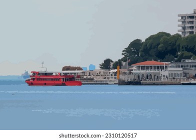 General view from Moda pier in istanbul.One of the symbols of Kadikoy, the historical Moda Pier built 100 years ago by architect Vedat Tek. Marmara sea and Moda district.