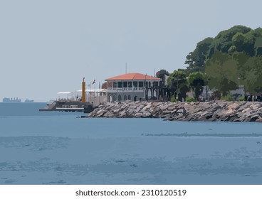 General view from Moda pier in istanbul.One of the symbols of Kadikoy, the historical Moda Pier built 100 years ago by architect Vedat Tek. Marmara sea and Moda district.