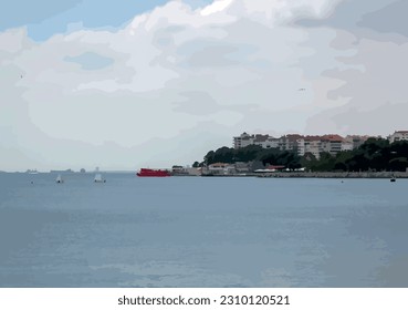 General view from Moda pier in istanbul.One of the symbols of Kadikoy, the historical Moda Pier built 100 years ago by architect Vedat Tek. Marmara sea and Moda district.