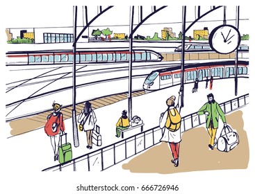 General view of railway platform with trains and passengers. Horizontal colorful hand drawn vector sketch illustration.

