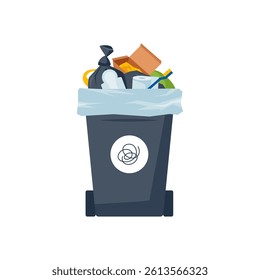 General waste, bin with residual garbage. Black plastic container full of mixed trash. Rubbish sorting concept. Vector object isolated on a white background.