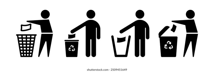 Residuos generales, Vector de reciclaje plano icono sobre fondo blanco. Lanza letreros de basura, mantente limpio y el hombre lanza símbolos de basura.