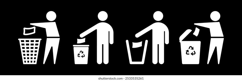 Residuos generales, Vector de reciclaje plano icono sobre fondo negro. Lanza letreros de basura, mantente limpio y el hombre lanza símbolos de basura.