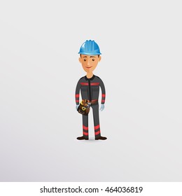 General worker vector. Funny cartoon handyman. Handyman wearing work clothes and a belt with tools. funny cartoon builder in blue helmet. Occupational Safety and Health. Prevention of accidents.