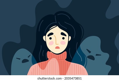 Generalized anxiety disorder concept. Frightened, scared young woman surrounded by imaginary ghosts flying around her. Panic attack, fears, paranoia, sleeping disorder. Vector hand-drawn illustration.