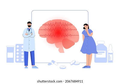 Generalized or partial seizure. Epilepsy and abnormal brain activity. Pain, spasm, migraine, headache or stress in human head. CNS disorder. Mental health clinic. Medical research vector illustration.