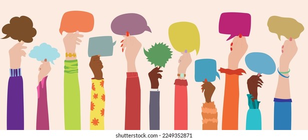 Generally speaking, an agreement or affair occurs between a group of colleagues or collaborators. A set of arms and hands holding a speech bubble.