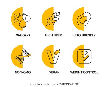 General-purpose icons set for food dietary supplement - Omega-3, High fiber, Keto friendly, Non-GMO, Vegan and Weight control - pictograms for labeling in thin line and semicircle shapes