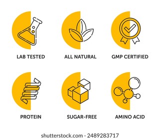 Conjunto de iconos de uso general para el suplemento alimenticio de alimentos - Probado en laboratorio, Todo natural, GMP certificado, Fuente de proteínas, Sin azúcar, Aminoácido. Pictogramas para etiquetado, forma de semicírculo y en línea delgada