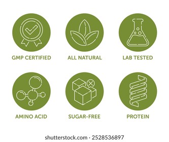 General-purpose icons set for food dietary supplement - Lab tested, All natural, GMP certified, Protein source, Sugar-free, Amino acid. Pictograms for labeling, circular shape and separated thin line