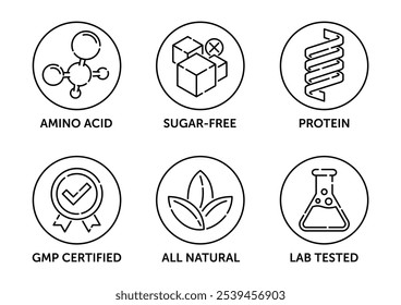 Ícones de uso geral definidos para suplemento alimentar dietético - Testados em laboratório, Todos naturais, Certificados GMP, Fonte de proteína, Sem açúcar, Amino Aacid. Pictogramas para rotulagem, em linhas finas separadas