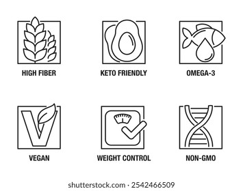 Conjunto de ícones de uso geral para suplemento alimentar - Omega-3, alta fibra, Keto amigável, Não-OGM, Vegan e controle de peso - pictogramas para rotulagem, formas quadradas e contorno