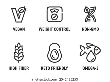 Ícones de uso geral definidos para suplemento alimentar dietético - Omega-3, alta fibra, Keto amigável, Não-OGM, Vegan e controle de peso - pictogramas para rotulagem, em linha em negrito