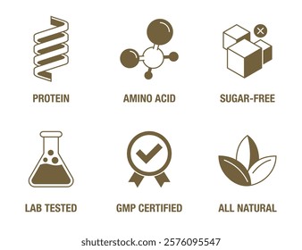 General-purpose icons set for food dietary supplement - Lab tested, All natural, GMP certified, Protein source, Sugar-free, Amino acid. Pictograms for labeling, in monochrome style