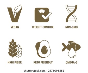 General-purpose icons set for food dietary supplement - Omega-3, High fiber, Keto friendly, Non-GMO, Vegan and Weight control - pictograms for labeling, in monochrome style