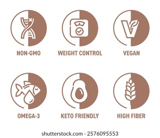 General-purpose icons set for food dietary supplement - Omega-3, High fiber, Keto friendly, Non-GMO, Vegan and Weight control - pictograms for labeling, bold line and semicircular background