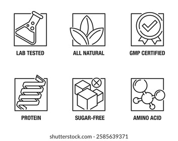 General-purpose icons set for food dietary supplement - Lab tested, All natural, GMP certified, Protein source, Sugar-free, Amino acid. Pictograms for labeling, square shape and in thin line