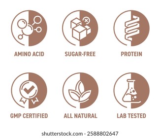 General-purpose icons set for food dietary supplement - Lab tested, All natural, GMP certified, Protein source, Sugar-free, Amino acid. Pictograms for labeling, circle shape and bold line