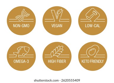 General-purpose icons set for food dietary supplement - Omega-3, High fiber, Keto friendly, Non-GMO, Vegan and Weight control - pictograms for labeling, in thin line and circle shape