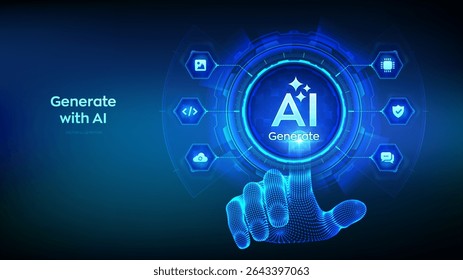 Gerar com o botão AI. Inteligência artificial e conceito de tecnologia de aprendizagem de máquina. A IA entra pelo prompt de comando para gerar ideias. Mão prestes a pressionar um botão Gerar IA. Ilustração vetorial.