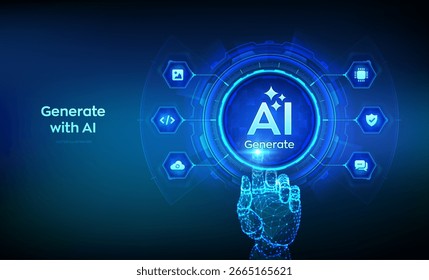 Gerar com o botão AI. Inteligência artificial e conceito de tecnologia de aprendizagem de máquina. A IA entra pelo prompt de comando para gerar ideias. Mão prestes a pressionar um botão Gerar IA. Ilustração vetorial.
