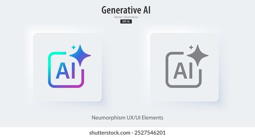 Schaltfläche "KI generieren" Tasten Neumorphismus Stil, mit Generate AI Symbole. Drücken Sie Tasten, um Ideen zu generieren. Künstliche Intelligenz und maschinelles Lerntechnologiekonzept. Vektorgrafik.