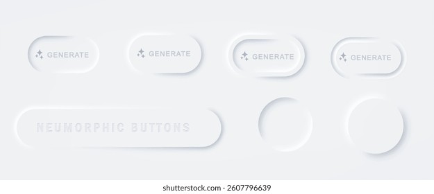 Generate AI button in neomorphism. Design elements for web, mobile app menu. Soft light shadows trendy style UI UX design, Vector illustration.