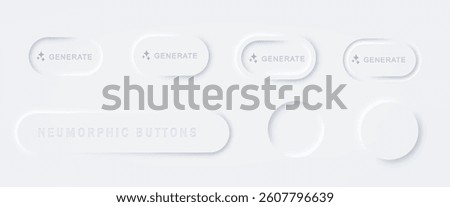 Generate AI button in neomorphism. Design elements for web, mobile app menu. Soft light shadows trendy style UI UX design, Vector illustration.