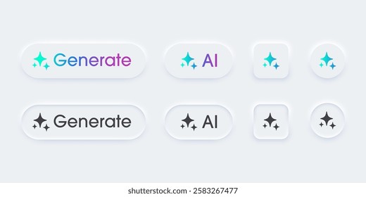 Generate AI button user interface. Artificial intelligence Generate press button in trendy neumorphic style for app, website, and interfaces. UI UX elements. Vector illustration.