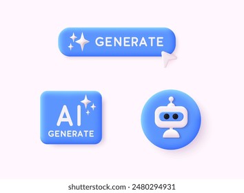 Iconos de Botones Generar AI. Icono de estrellas AI. Logo de inteligencia artificial. Icono de inteligencia artificial LLM. Generador de aprendizaje automático. Ilustraciones vectoriales DE Web 3D.