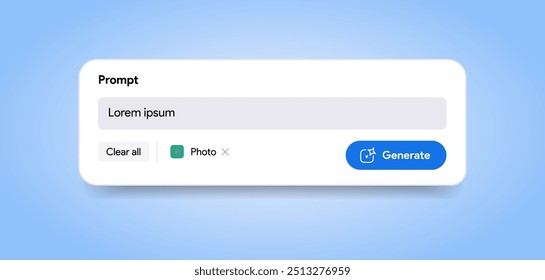 Generate AI content placeholder. LLM assistant interface. Prompt input field. Artificial intelligence submit button. Large language model app chat. Text and image generator tool. Vector illustration