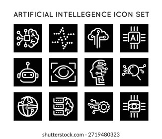gerar, AI, ícone, inteligência artificial, ícones, coleção, vetor, ilustração, inteligência artificial, linha de ícones conjunto com inteligência artificial cérebro, rede neural, aprendizagem de máquina, robô, visão de computador, processamento de dados, chatbot, inteligência artificial em nuvem e símbolos de tecnologia digital. Ícones de contorno mínimo moderno adequados para site, UI UX, aplicativo, painel, apresentação, infográfico e marca de tecnologia.