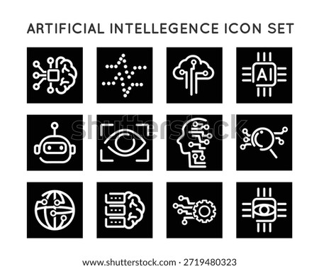 generate,  AI,  icon, Artificial intelligence,  icons,  collection,  vector, illustration, Artificial intelligence line icons set featuring AI brain, neural network, machine learning, robot, computer vision, data processing, chatbot, cloud AI, and digital technology symbols. Modern minimal outline icons suitable for website, UI UX, app, dashboard, presentation, infographic, and technology branding.