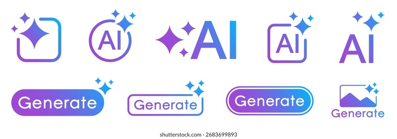 Generate AI icon set. Artificial intelligence stars app colorful logo icons. Create generate prompt ai application with vibrant sparkle star symbol