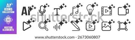 Generate AI icon set, artificial intelligence media buttons for image, video, audio and text, modern UI symbols for apps and websites on transparent background