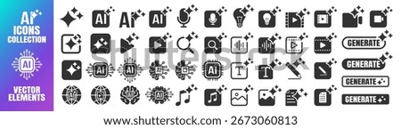 Generate AI icon set, artificial intelligence media buttons for image, video, audio and text, modern UI symbols for apps and websites on transparent background