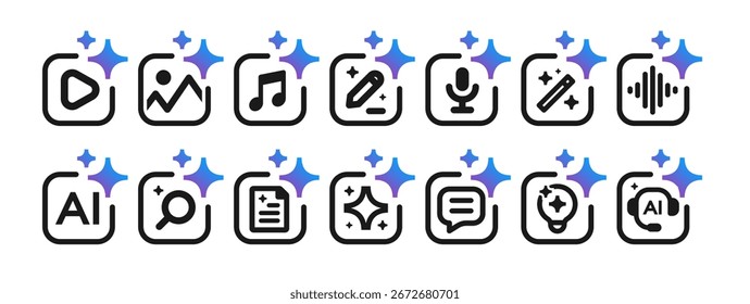 Interfaz de usuario de Vector de iconos Generar Ai configurada para crear Imagen, texto, música. Elemento de inteligencia artificial para ui ux, App, Diseño web