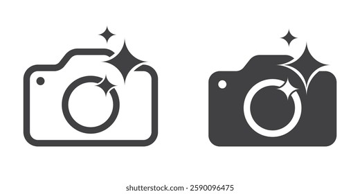 Generate AI image icon. Camera with generative symbol, Line and outline. Generate and edit by AI. Artificial intelligence icon element for app and web. Vector illustration.