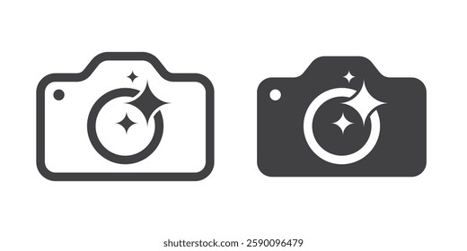 Generate AI image icon. Camera with generative symbol, Line and outline. Generate and edit by AI. Artificial intelligence icon element for app and web. Vector illustration.