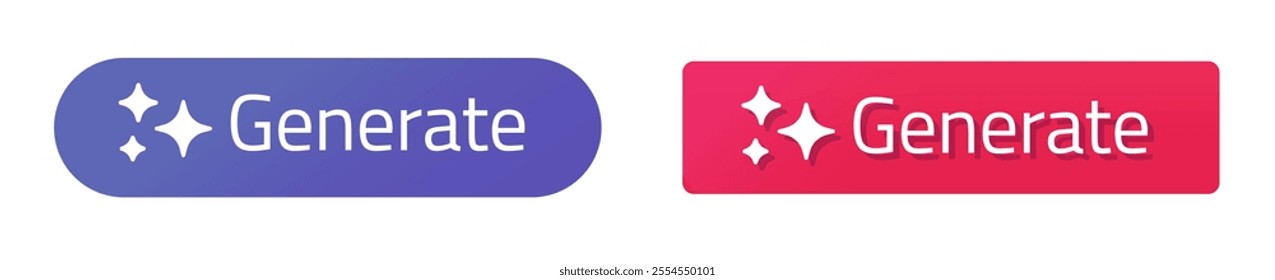 Generate ai tech button with magic stars icon vector graphic illustration set, purple violet red ui interface command elements set simple modern trendy design